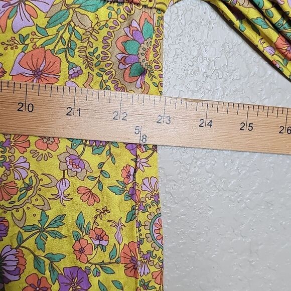 Current Air Yellow and Pink Floral Satin Long Sleeve Tie Front Peasant Blouse Sm - Picture 8 of 8